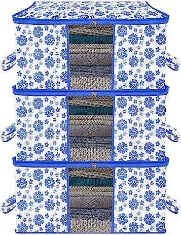 Kuber Industries Underbed Storage Bag | Clothes Storage Organizer | Blanket Cover with Clear Window | Zipper Closure & Handle Cloth Organizer | Flower-Design | Large | Pack of 3 | Blue