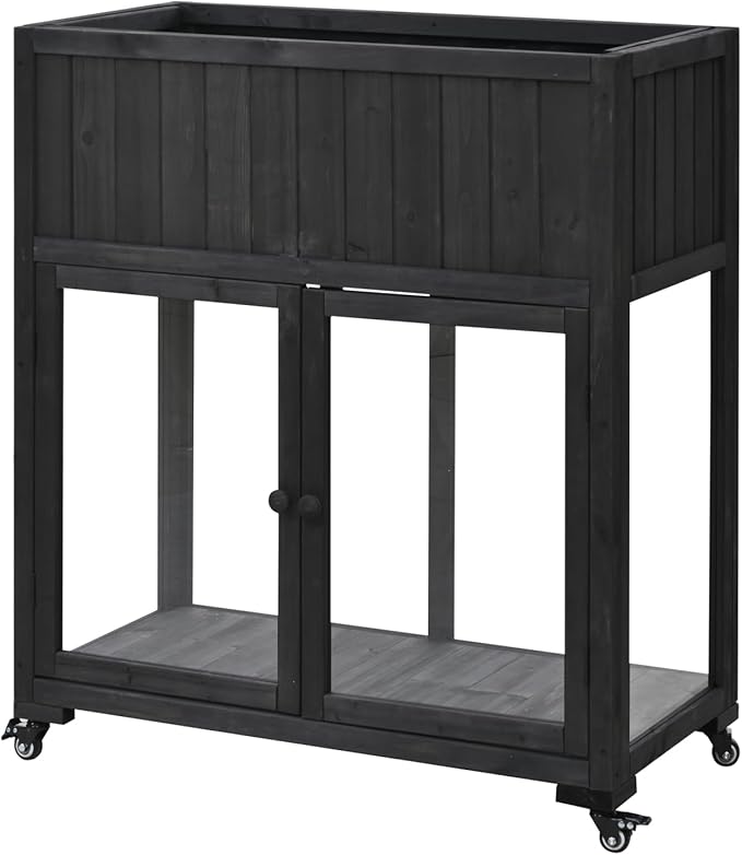 Geelife Patio Mini Wood Cold Frame with 2 Doors, Raised Bed & Wheels - Black