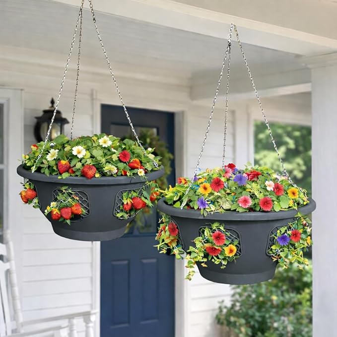 Hanging Planter Basket 10 Pack Bulk, Easy Fill Strawberry Planter, Outdoor Hanging Basket with Side Planting Panels, Durable UV Resistant Planters, Made in USA, 10, Gray
