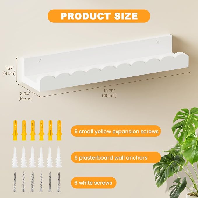3-Pack Scalloped Shelves, Nursery Shelves, Floating Book Shelves for Wall | White Wall Shelves for Bedroom Kids, Toddler Room, Baby Room, Nursery Decor