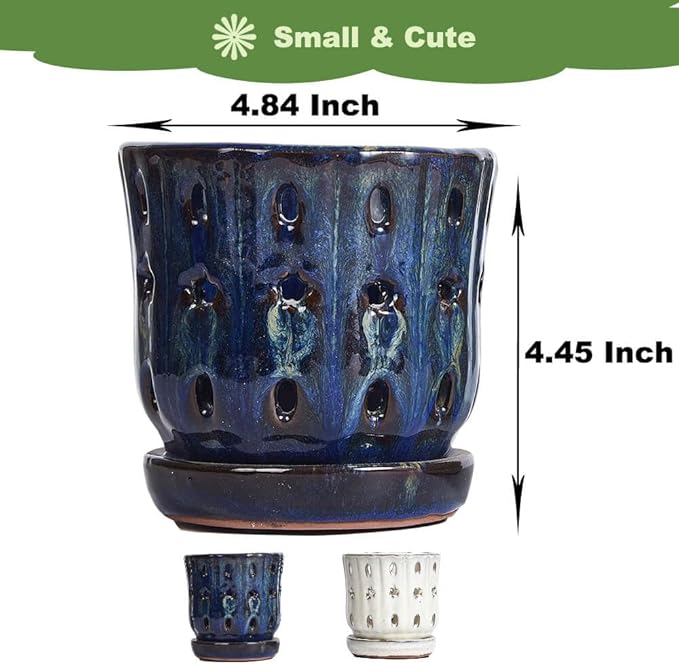 Orchid Pots with Holes Attached Saucers 5 Inches - 2 Pcs Small Ceramic Pots for Repotting, Decorative Ceramic Orchid Planter with Hole for Healthy Root Growth (White and Blue)