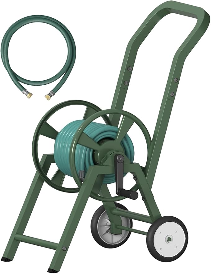 Artigarden Garden Hose Reel Cart with Wheels, Holds 165 ft of 5/8’’ Hose Outdoor Heavy Duty Powder-coated Steel Water Storage Winder Holder with 3.9 Ft Leader Hose for Outside Lawn Yard, Green