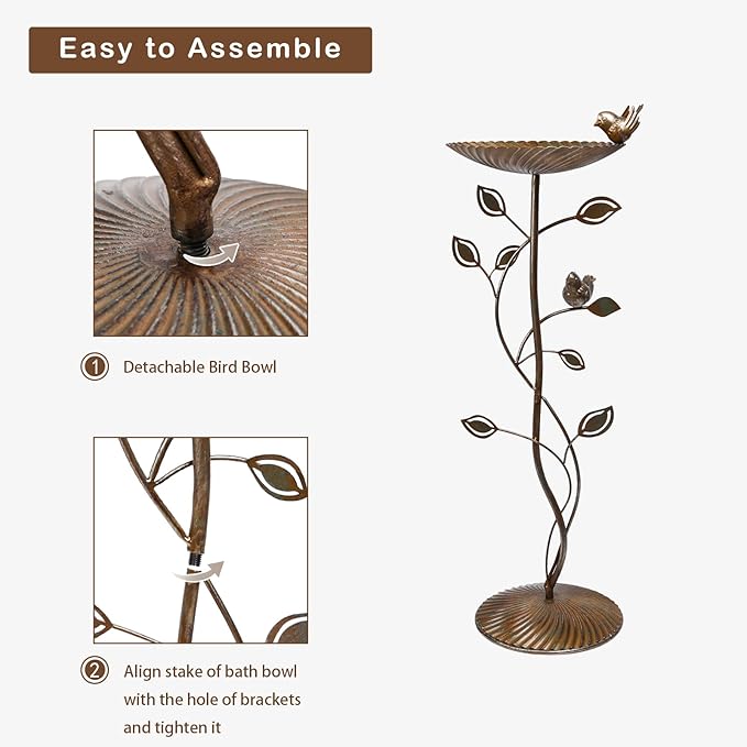 VCUTEKA Bird Baths for Outdoor, Metal Garden BirdBath with Bird Statue and Detachable Bird Bath Bowl for Yard Patio Lawn Decor, Brown
