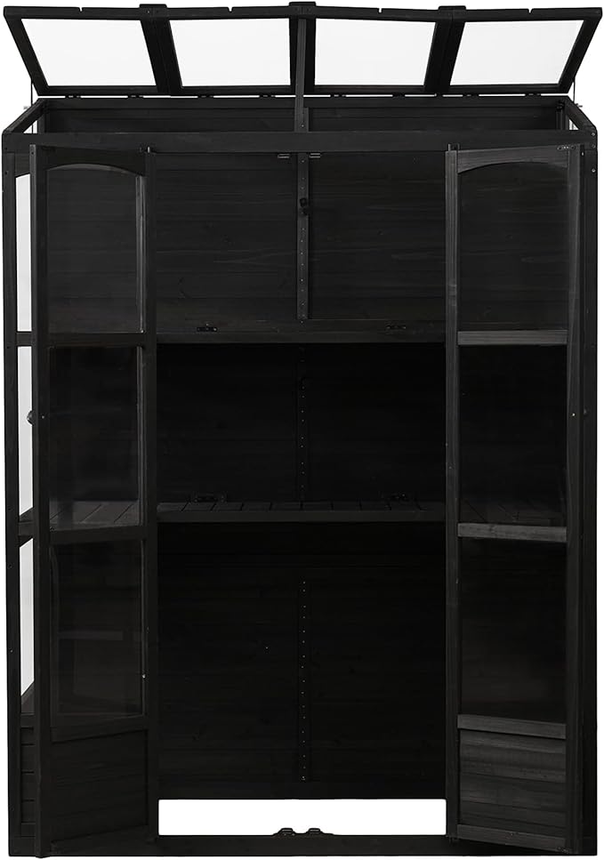 RUNNA 78-inch Wooden Greenhouse Cold Frame with 4 Independent Skylights and 2 Folding Middle Shelves, Walk-in Outdoor Greenhouse for Outdoor Indoor Garden Use (Black#017)