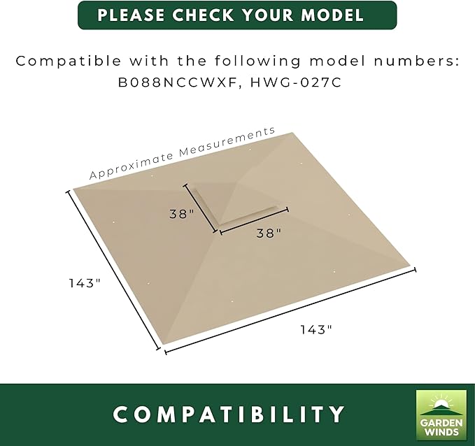 Garden Winds Reinforced Replacement Canopy Top Cover Compatible with The HWG-027C Erommy 12' x 12' Square Gazebo - Classic Sand, Riplock 350
