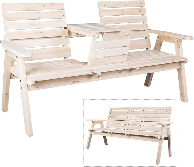 FORTUNO Cedar/Fir Log Wood Patio Garden Bench with Foldable Table, Outdoor Wooden Porch 3-Seat Bench Chair for Garden Balcony Patio Backyard, Natural Finish