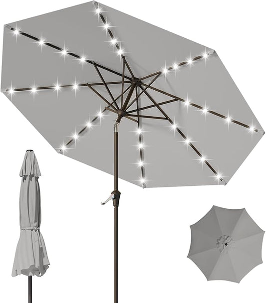 9FT Patio Umbrella with Solar Lights,Outdoor Market Umbrella with Tilt and Crank, LED Lighted Table Umbrella for Garden,Deck,Backyard,Pool,Beach
