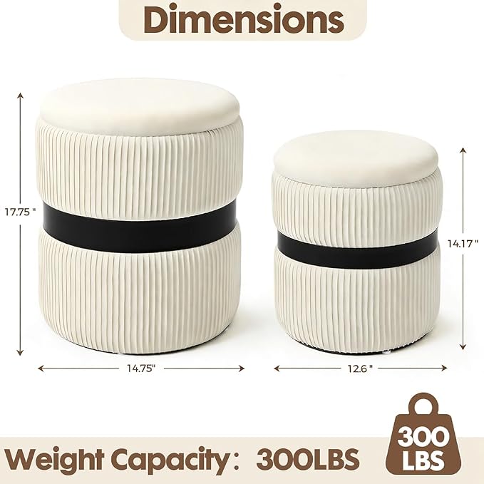 Round Ottoman with Storage Set of 2 White Velvet