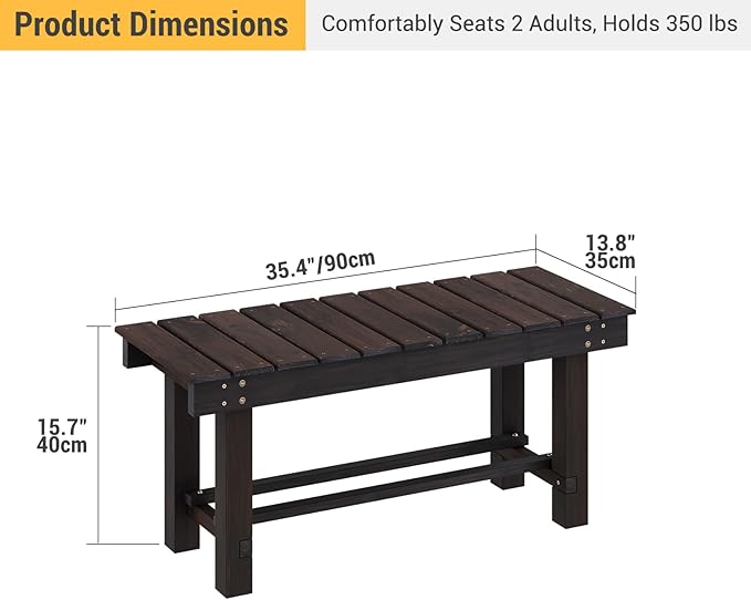 Wood Outdoor Garden Bench, 2-Person Seat 35" Backless Bench, 100% Solid Fir Carbonized Weatherproof Patio Bench,Indoor Bathroom Seat Entryway Shoe Bench for Garden Porch Backyard Pool Balcony (Small)