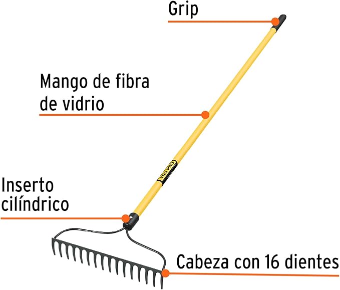 Truper Garden Rake, Fiberglass Handle, 16 Tines, 16 inch Head, 60 inch Length