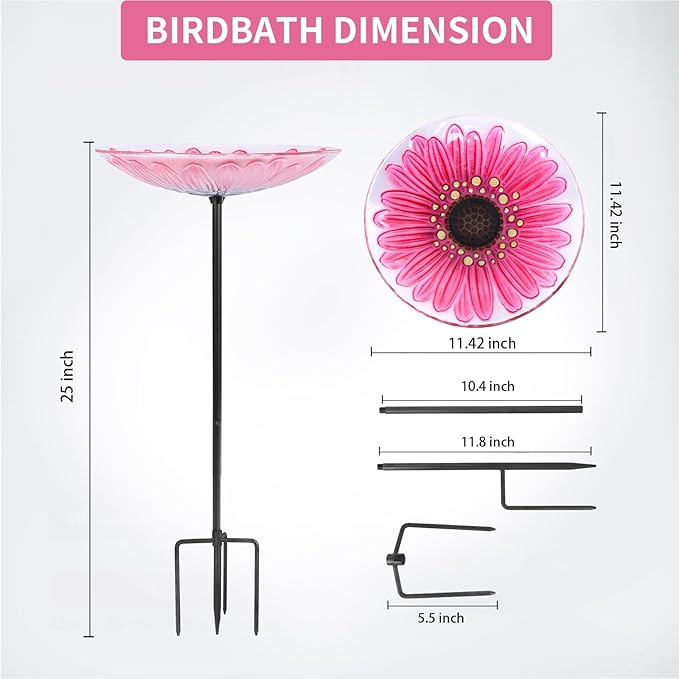 MUMTOP Glass Bird Bath, Garden Outdoor Birdbaths Birdfeeder with Metal Stake Pink Flower