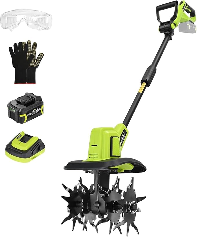 SnapFresh 20V Cordless Tiller Cultivator, 4.0Ah Battery & Fast Charger Included, 300 RPM Electric Garden Rototiller, 9” Width 6.6” Depth, 3-Speed Lightweight Handheld Soil Tiller with Steel Tines