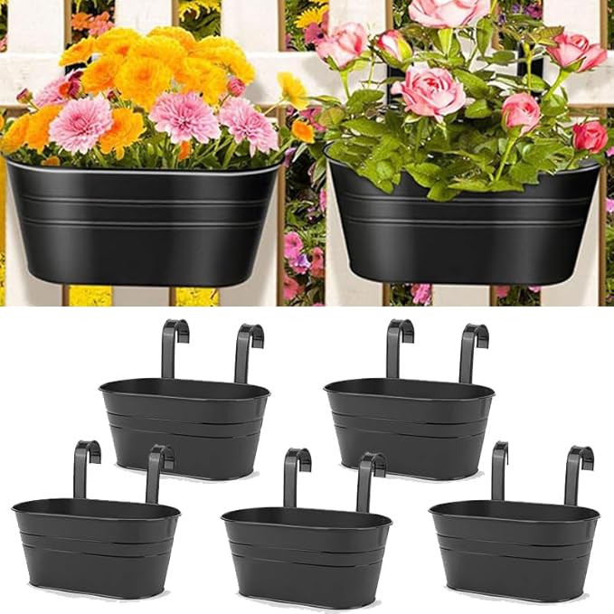 10.6" Oval Iron Hanging Flower Pots - Rust-Resistant Metal Planters with Detachable Hooks for Garden, Yard & Home Decor (Black，5 PCS)