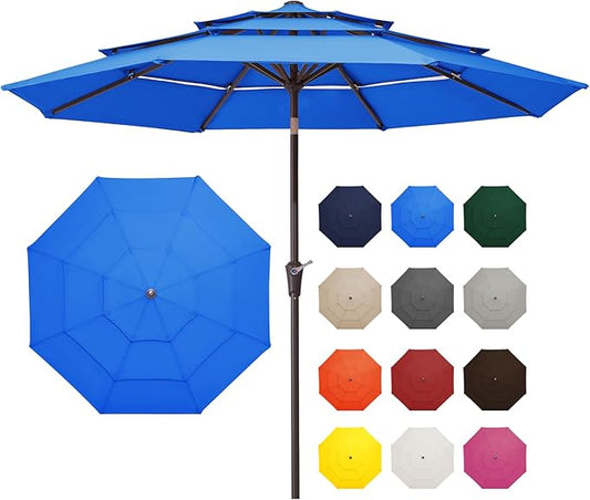 JEAREY 9FT 3 Tier Patio Umbrella Outdoor Market Umbrella Table Umbrellas with 8 Ribs 1.5 Pole Push Button Tilt and Crank UV Protection for Garden,Royal Blue
