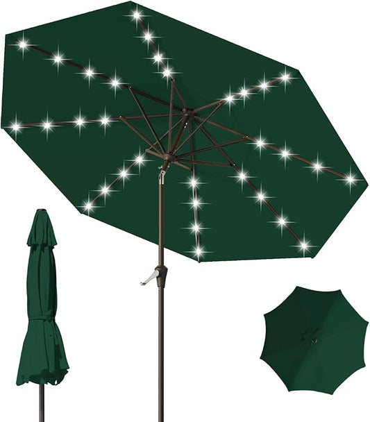 9FT Patio Umbrella with Solar Lights,Outdoor Market Umbrella with Tilt and Crank, LED Lighted Table Umbrella for Garden,Deck,Backyard,Pool,Beach