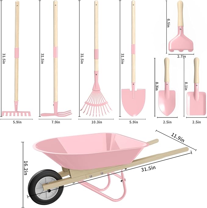 Qtioucp Kids Wheelbarrow Set with Gardening Tools Outdoor Backyard Garden Play for Toddlers Boys Girls 3-8, with Shovel, Rake, Leaf Rake, Easter Birthday Gifts (Pink Garden Set)