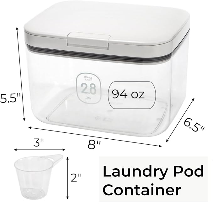 Tlence 94 OZ/2.8L Laundry Pods Container, One-Press Lid Laundry Powder Holder Dispenser, Clear PET Detergent Sheet Organizer with Measuring Cup for Booster Beads, Dryer Balls, Flour, Pet Food
