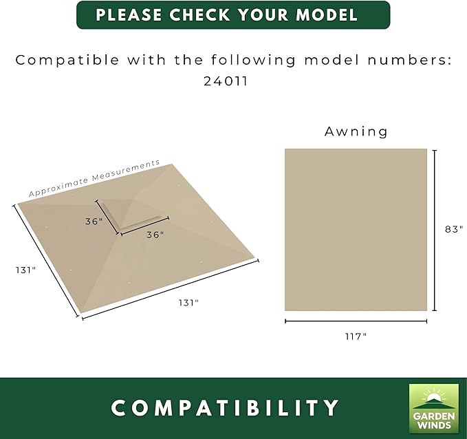 Garden Winds Reinforced RipLock 350 Replacement Canopy Top Cover Compatible with ShelterLogic Redwood Awning 11' x 11' Gazebo Model 24011 - Beige