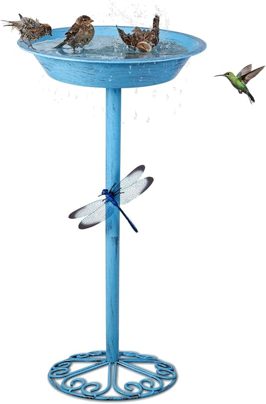 WANGIRO Stand Bird Baths for Outdoors 12 Inch Outdoor Garden Bird Feeder Metal Birdbath with Magnetic Dragonfly for Backyard Birding Freestanding for Garden Yard and Lawn Decoration-Blue