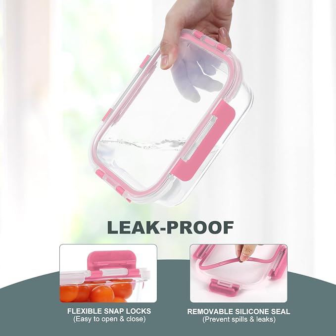 KOMUEE 10 Pack Glass Food Storage Containers with Lids, Pink | Meal Prep Containers Set, Airtight Glass Lunch Boxes, BPA-Free, Freezer, Oven, and Microwave Safe