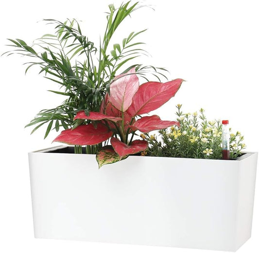SAROSORA 14" Self Watering Planter Pots with Water Level Indicator, Rectangle Matte Plastic Window Box for Indoor Outdoor, Herbs Succulents Flowers House Plants (White)