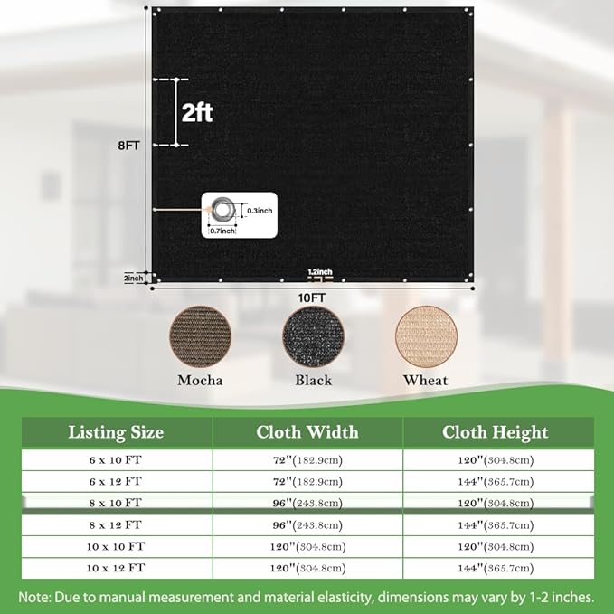 SEEYE 90% Sun Shade Cloth, 8 x 10 FT Durable Privacy Screen Shade Cover, Pergola Shade Cover with Grommets, UV Block Mesh Tarp for Plant Cover, Greenhouse, Patio, Chicken Coop, Balcony, Black