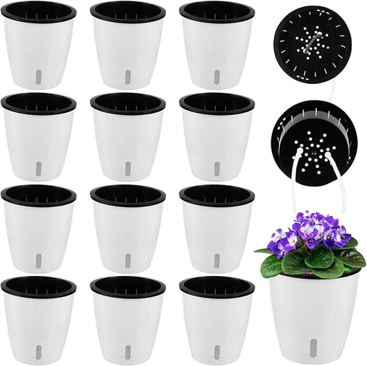 Planterhoma 5 Inch Self Watering Pots for Indoor Plants, 12 Packs African Violet Pots with Indicator, Black Wick Pot with Drainage Holes, Self Watering Planters for Orchid, Devil's Ivy, White