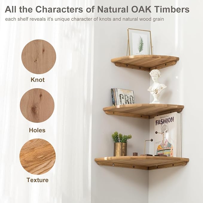 Corner Shelves, Floating Corner Shelf, Set of 2 7inch Solid Oak Wood Wall Shelves, Round End Wall Mount with Wire Hole Shelving for Small Plant for Bedroom Kitchen, Living Room