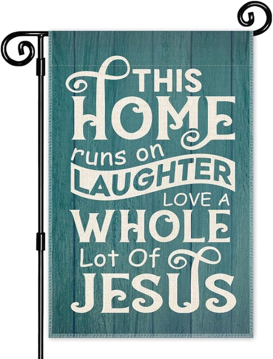 This Home Runs on Laughter Love a Whole Lot of Jesus Garden Flag, Double Sided Yard Outdoor Farmhouse Lawn Porch Decor Flag, Christian Religious Decor Flag, Bible Faith Housewarming Gifts