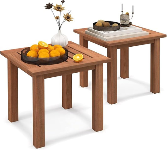 Giantex Hardwood Outdoor Side Table Set of 2 - All-Weather Patio Square End Table with Slatted Tabletop, Small Coffee Bistro Table for Outdoor, Indoor, Garden, Poolside and Balcony, Natural (2)