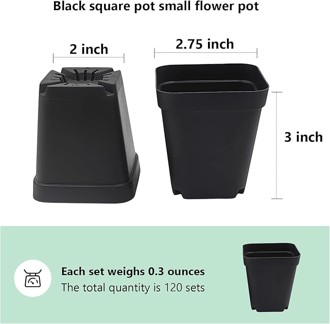 RooTrimmer Square Nursery Pots 2.7 Inch, Seed Starting Pot with Drainage Small Plastic Plant Pots Flower Planter (Black 1200pcs, 2.7" 1200P)