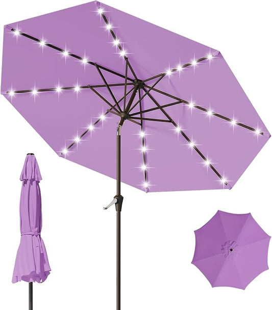 9FT Patio Umbrella with Solar Lights,Outdoor Market Umbrella with Tilt and Crank, LED Lighted Table Umbrella for Garden,Deck,Backyard,Pool,Beach