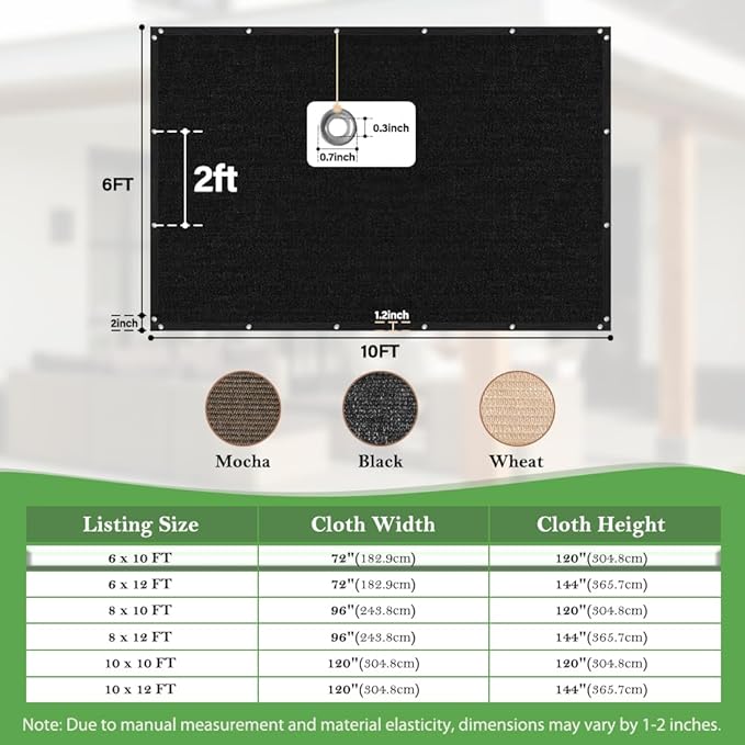 SEEYE 90% Sun Shade Cloth, 6 x 10 FT Durable Privacy Screen Shade Cover, Pergola Shade Cover with Grommets, UV Block Mesh Tarp for Plant Cover, Greenhouse, Patio, Chicken Coop, Balcony, Black