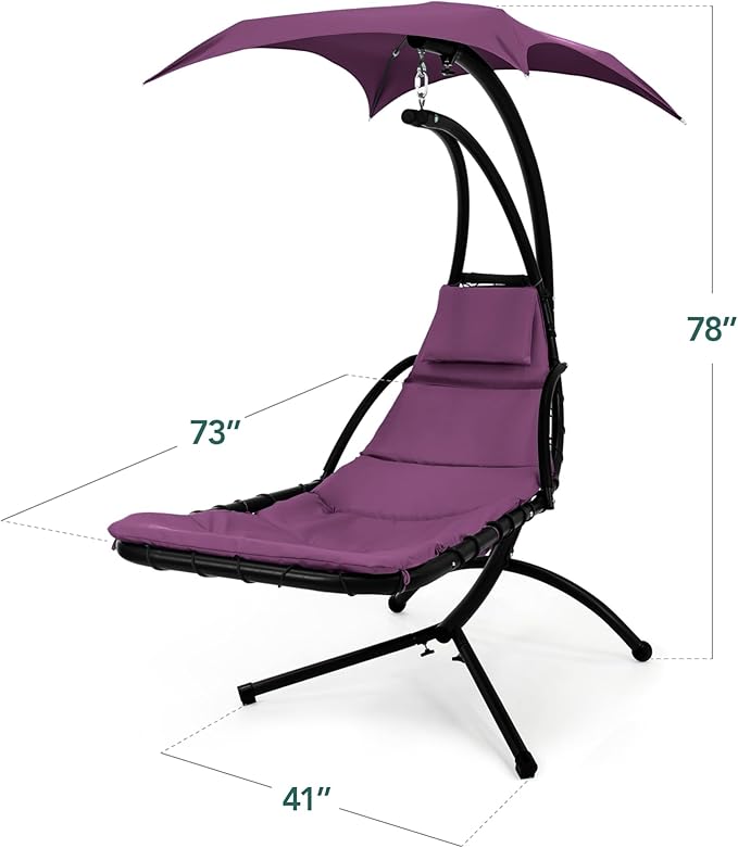 Best Choice Products Hanging LED-Lit Curved Chaise Lounge Chair Swing for Backyard, Patio, Lawn w/ 3 Light Settings, Weather-Resistant Pillow, Removable Canopy Shade, Steel Stand - Purple