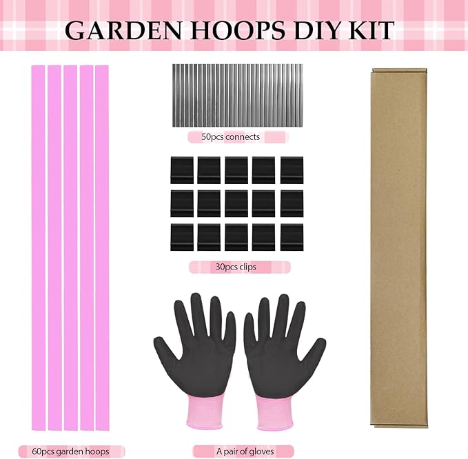 Garden Hoops 60pcs, Sunwuk Greenhouse Hoops for 2.5-5.5ft Wide Raised Bed, 10 Sets of 8.5ft Long Super Bendable Fiberglass Support Hoops Frame, Mini Greenhouse Strip for Row Cover (Pink M Size)