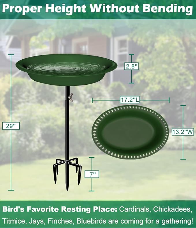 29 Inch Height Oval Shape Bird Bath for Outdoors, Detachable 5-Prong Birdbath Bowl Spa & Birdfeeder with Metal Stake Stand for Outside Garden, Green