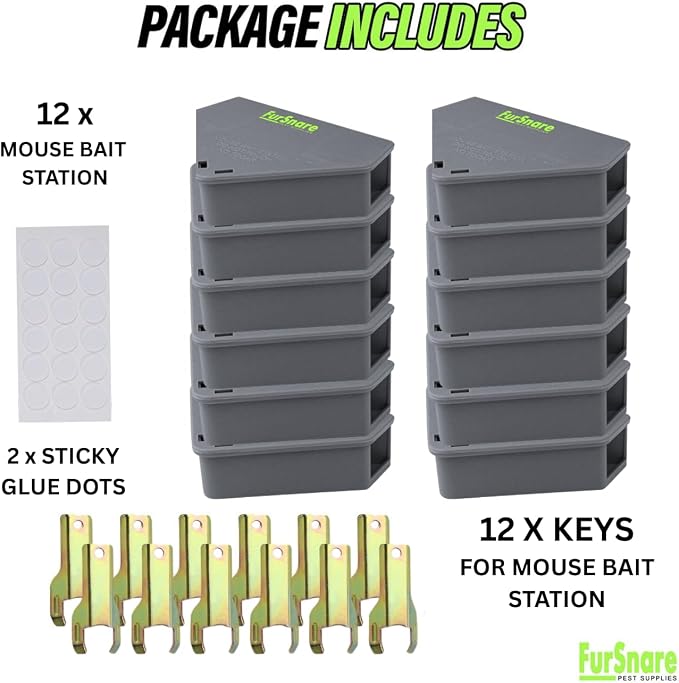 Furnsnare Mouse Bait Station (12 Pack) - Bait Boxes for Mice and Rats with Lockable Keys - Weatherproof Outdoor Mouse Bait Stations- Safe for Kids & Pets
