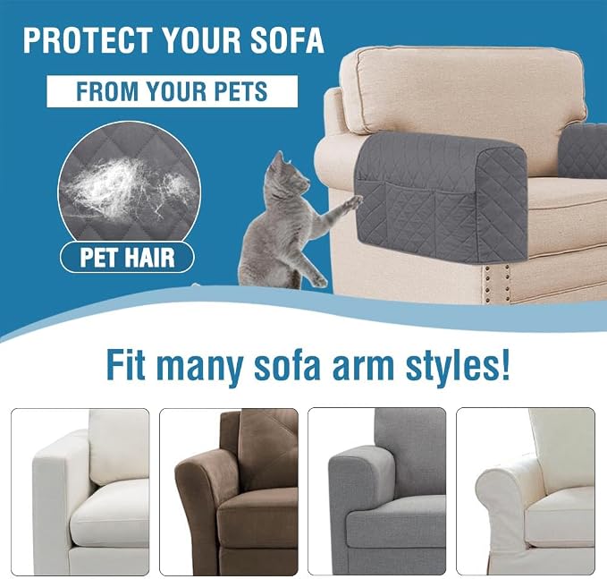 2 Pack Water Resistant Armrest Covers for Chairs and Sofas Couch Arm Covers for Sofa with 3 Pockets for Phone Sofa Arm Protector for Pets, Cats (Gray)