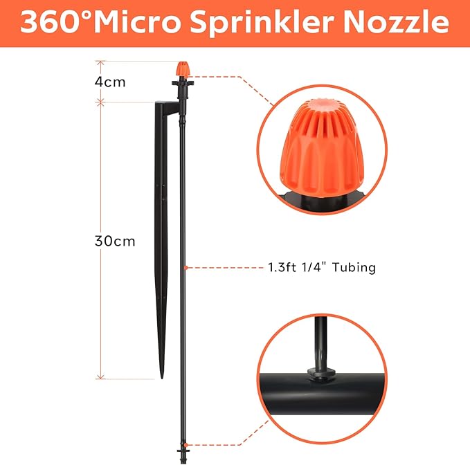 360 Degree Irrigation Sprinkler Heads: Micro Sprinkler Nozzle on 12 Inch Stake with 1/4" Tubing - Drip Spray Emitters for Garden Irrigation System (20 Pack)