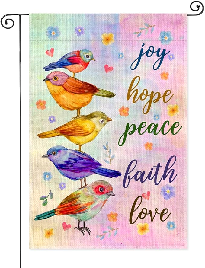 Joy Hope Peace Faith Love Garden Flags for Outside, Funny Birds Spring Yard Sign, Christian Catholic Outdoor Lawn Porch Banner, Kindness Peace Equality Bible Verse Yard Décor