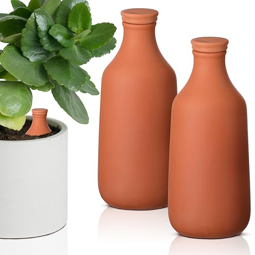 DoubleFill 2 Pcs 24oz Ollas Terracotta Watering Pots Self Watering Planter Insert Terracotta Globes Clay for Outdoor Indoor Garden Plants, Easy to Refill