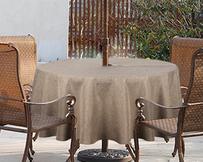Outdoor Tablecloth Wrinkle-Free Stain Resistant Waterproof Polyester Fabric Table Cover with Zipper Umbrella Hole for Picnic/Party/Dinner/Patio Garden(70inch Round,Zippered,Flax)