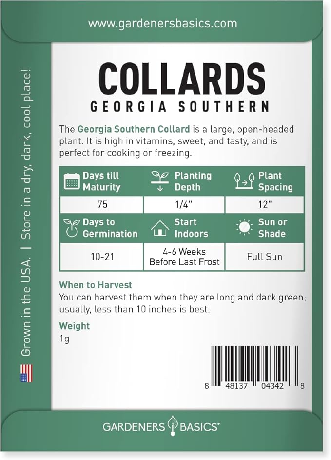 Gardeners Basics, Collard Greens Seeds for Planting - Georgia Southern Non-GMO Vegetable Variety- 1 Gram Seeds Great for Summer, Fall and Winter Gardens