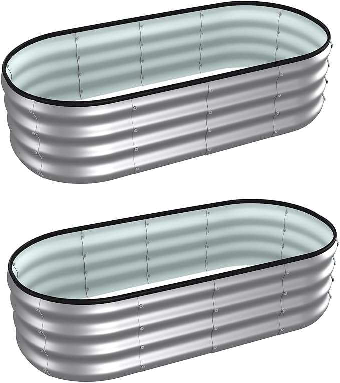 4x2x1 ft Oval Galvanized Metal Raised Garden Beds, Thickened Rust-Proof Flower Beds, Outdoor Plant Planter Boxes(Silver, 2PCS)