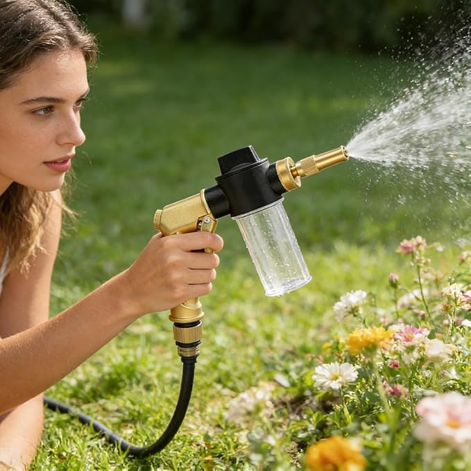 High Pressure Garden Hose Nozzle with Soap Dispenser, Heavy Duty Foam Gun Car Wash Sprayer, Adjustable Nozzle for Gardening, Solar Panel Cleaning, Pet Showering (Gold)