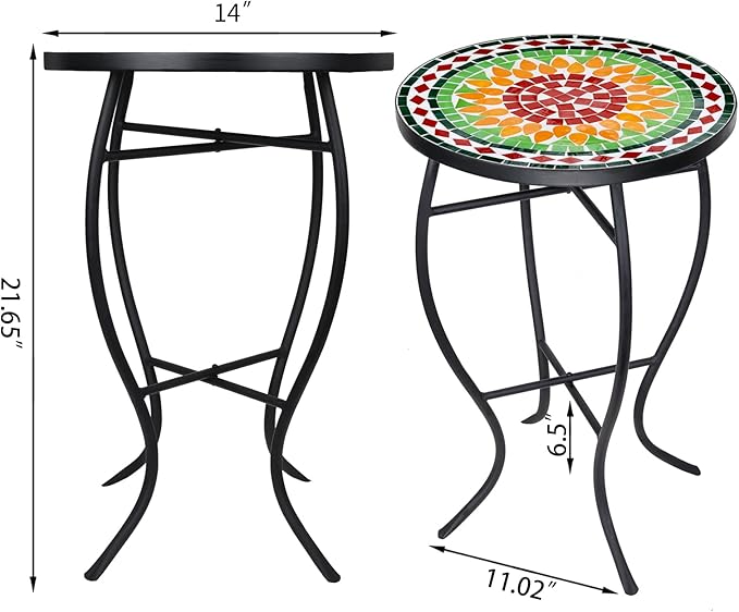 Vipush Mosaic Outdoor Side Table, 14" Round Folding Plant Stand for Patio Garden Backyard Balcony Porch Indoor Accent End Table for Living Room, Ceramic Tabletop with Black Iron, Sunflower