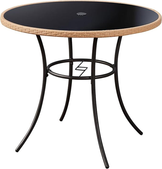 ECOTOUGE Outdoor Round Patio Desk, Wicker Dining Table with Umbrella Hole, Tempered Glass Top for 4-5 Persons, Bistro Rattan Furniture Garden Tables for Balcony, Backyard, Black