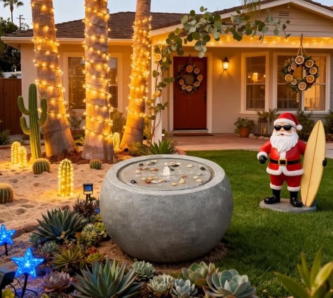 Tankana Garden Water Fountain Outdoor Large Round Bubbler Water Feature Indoor with Lights & Pump and Pebbles Concrete Effect for Patio Pool Pond Yard Home Decor Gray, 25 "L X 25" W X 17.5" H