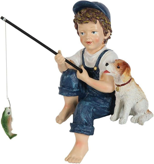 Lily's Home 11-Inch Fishing Boy and Dog Statue - Resin Garden Decor for Outside - Outdoor and Garden Decorations - Cottage Style Garden Statues Yard Art