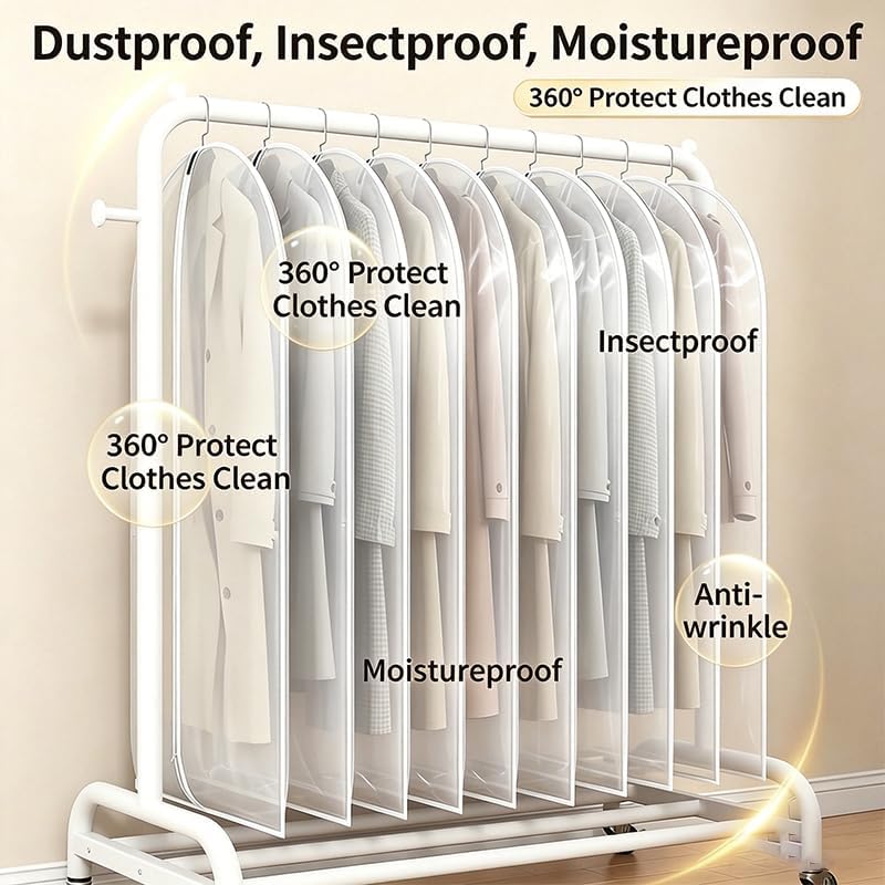 Clear Garment Bags 24x71 Inch, 5 Pack Waterproof Dustproof Full Zipper Hanging Clothes Covers, Foldable Moisture Proof Visible Suit Storage Bags For Suits Coats Costume Home Closet Travel